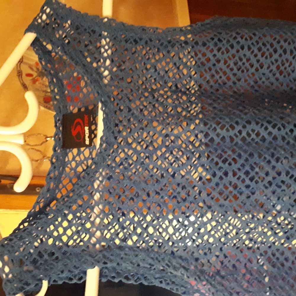 Cover up, see thru blue dress, with multi-coloured beads on the bottom fringe.